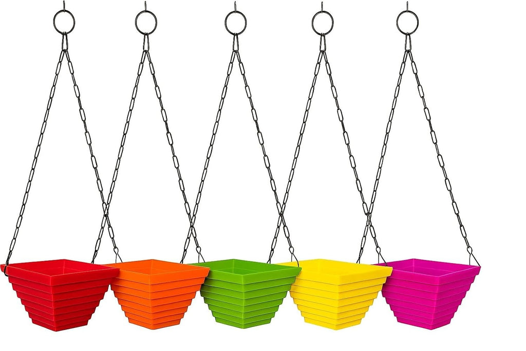 GoHooked set of 6 multicolor plastic hanging planters, 9 inch square, modern style, lightweight.