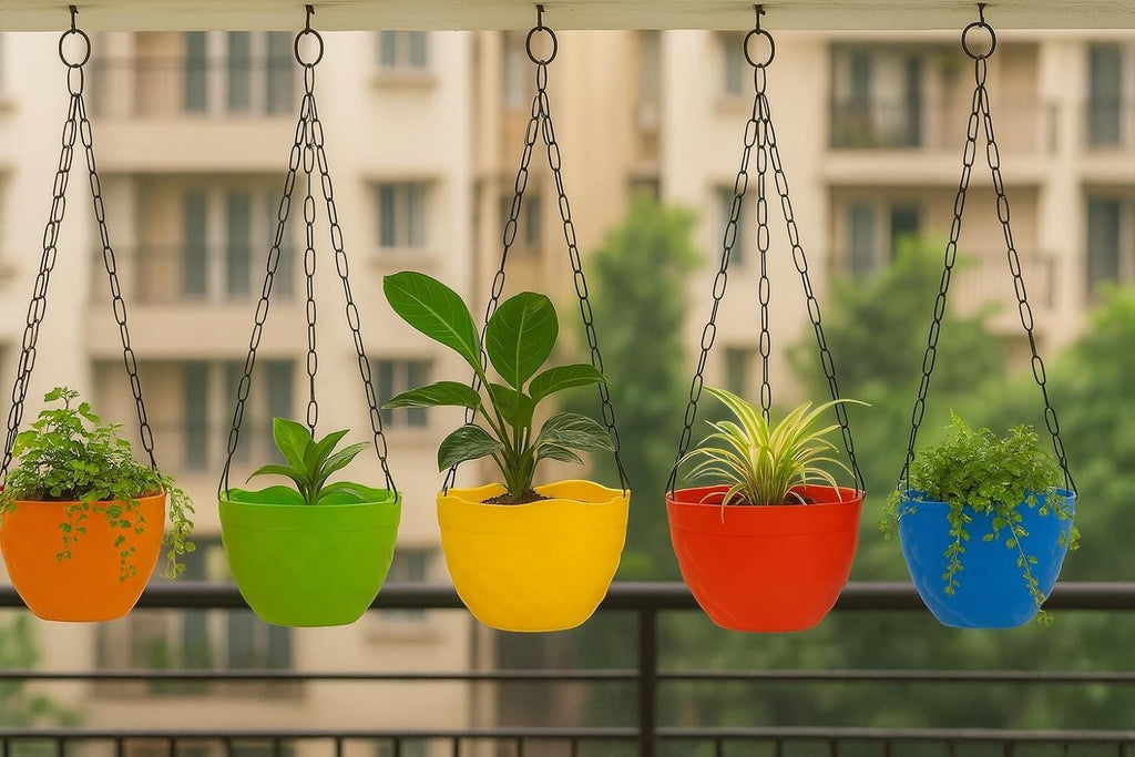 GoHooked multicolor round plastic hanging planters with metal chains, perfect for balconies and gardens.
