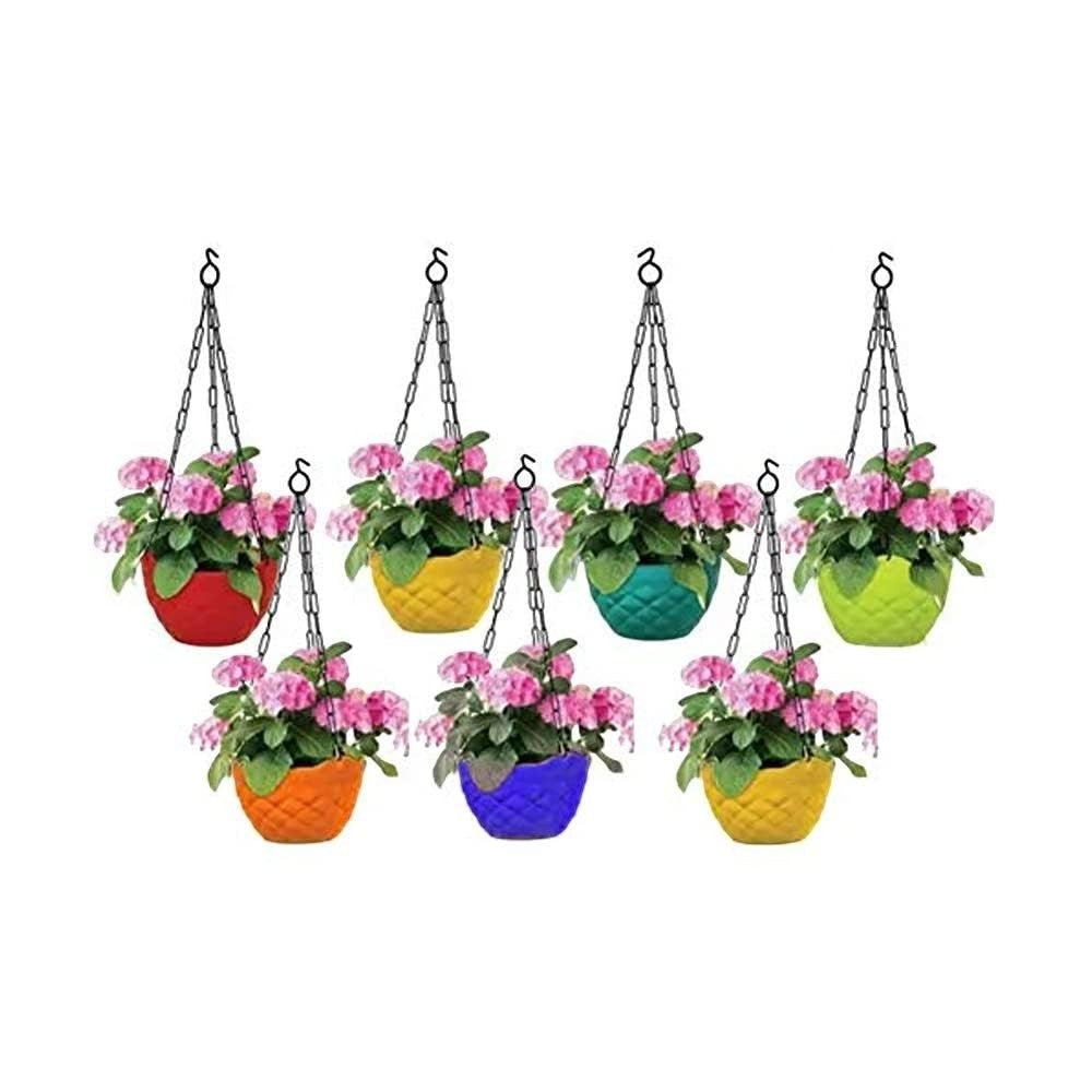 GoHooked multicolor round plastic hanging planters with metal chains, set of 7, featuring pink flowers.