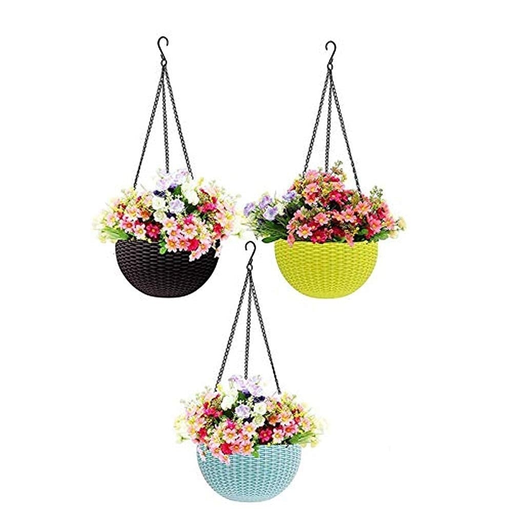 GoHooked Set of 3 multicolor round plastic hanging planters with chains, faux flowers.