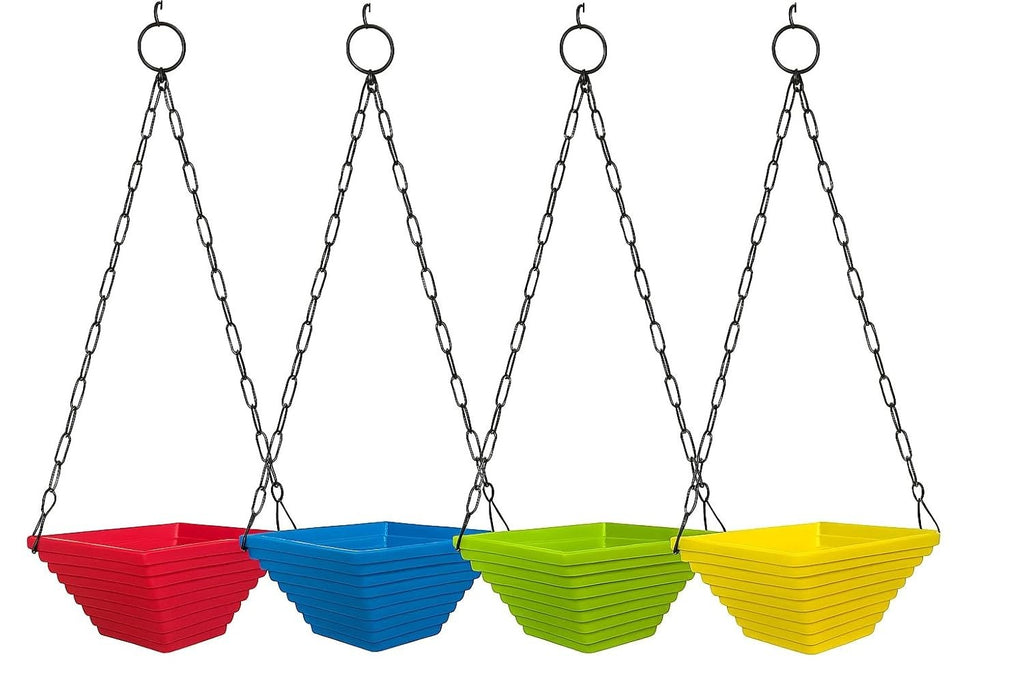 GoHooked set of 4 multicolor square plastic hanging planters with chains, 9 inch