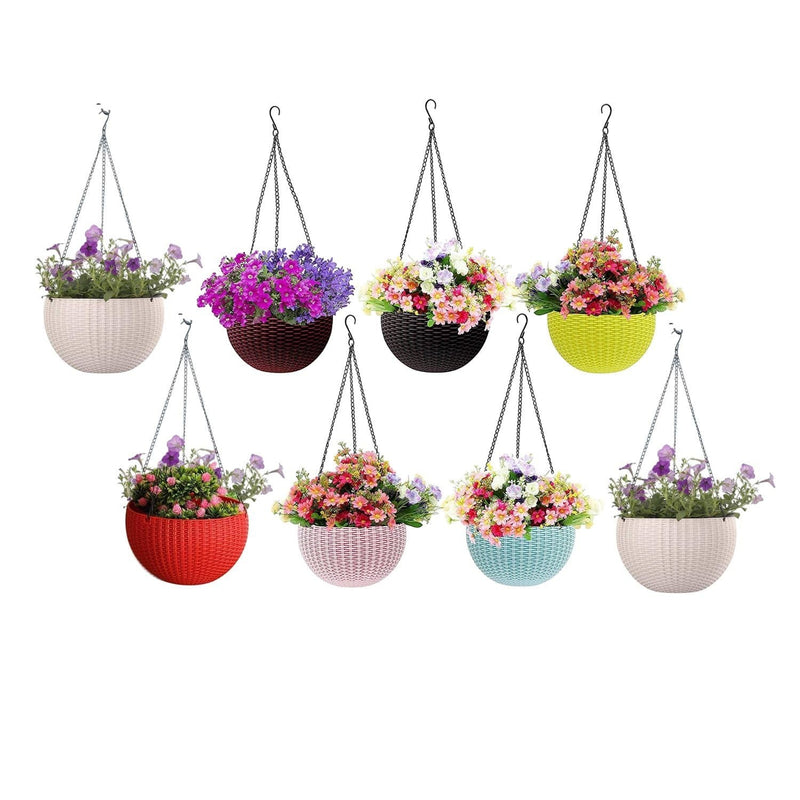 Go Hooked multicolor plastic hanging planters with woven texture, 7.1 inch diameter, set of 8.