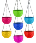 GoHooked multicolor round plastic hanging planters with woven texture, set of 3. Ideal for indoor/outdoor gardens.