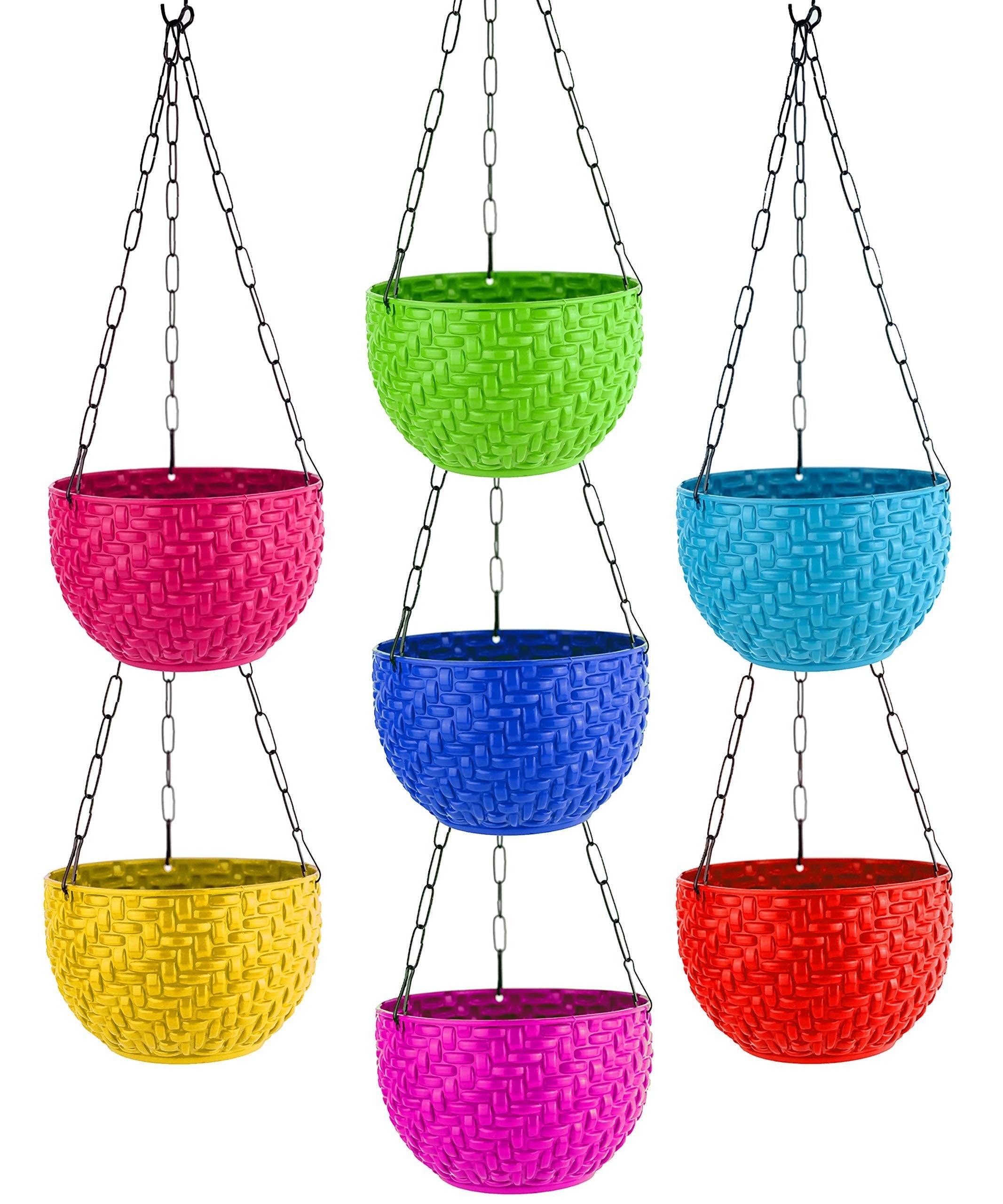 GoHooked multicolor round plastic hanging planters with woven texture, set of 3. Ideal for indoor/outdoor gardens.