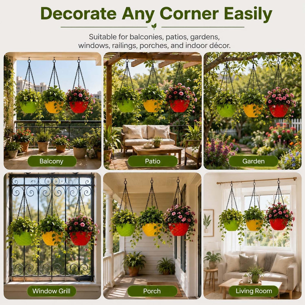 GoHooked set of 7 colorful round diamond plastic hanging planters with metal chains for balcony and indoor garden decor