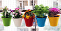 GoHooked Multicolor plastic hanging pots with flowers and plants on a balcony railing.