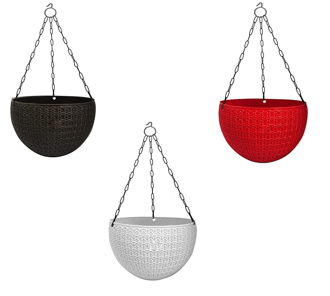 GoHooked set of 3 multicolored round plastic hanging pots with woven texture and metal chains.