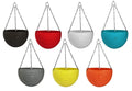 GoHooked Set of 7 multicolored round plastic hanging pots with woven texture and metal chains.
