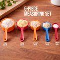 Go Hooked multicolor plastic measuring cups set of 5, includes 1 cup to 1/8 cup for baking and cooking.