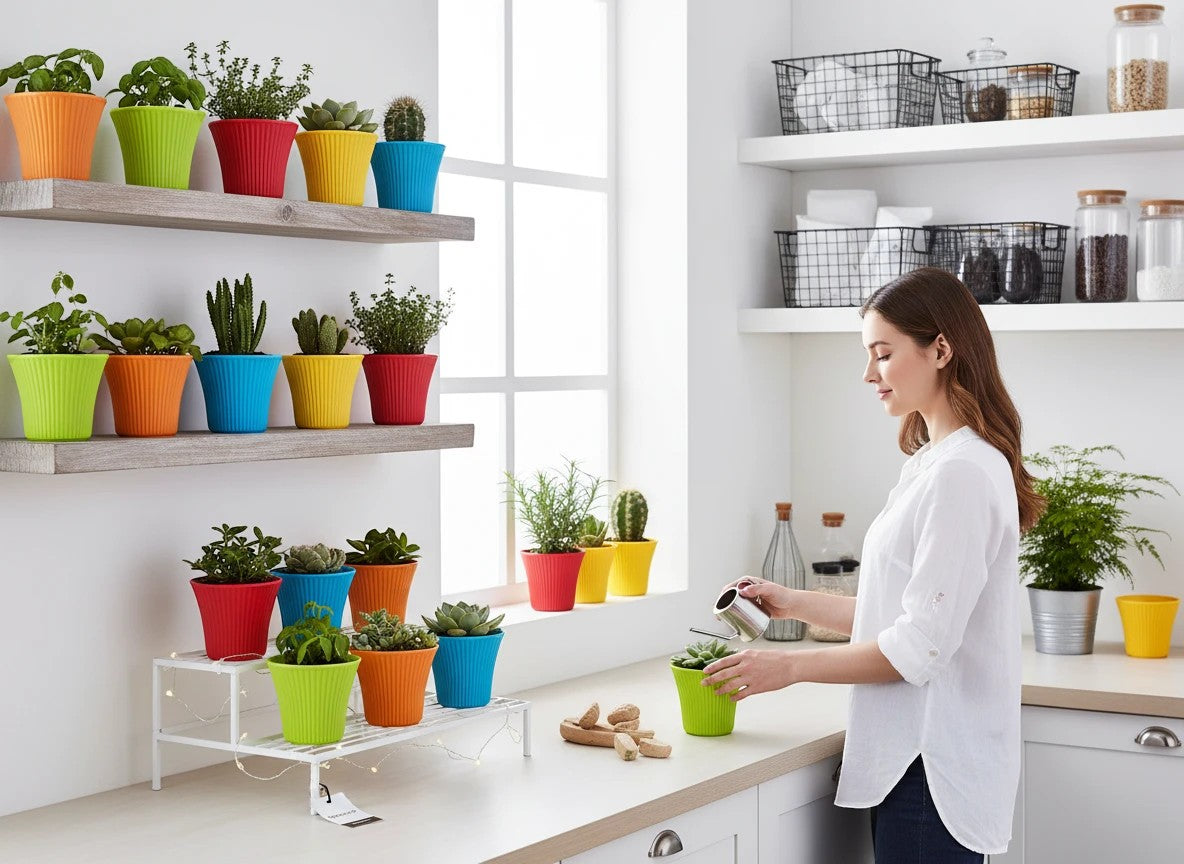 GoHooked multicolor 5-inch plastic plant pots with ribbed texture, ideal for indoor/outdoor use. Pack of 20.