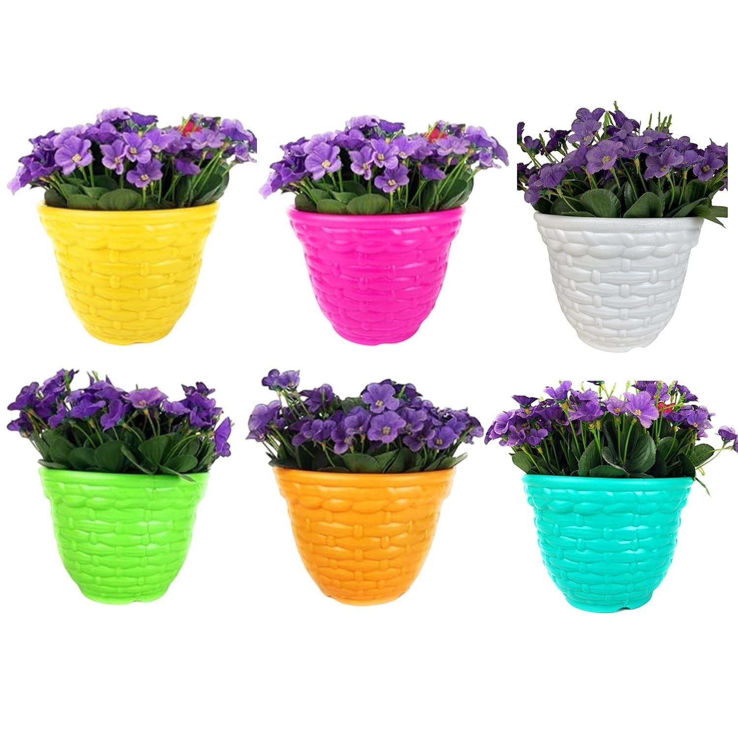 GoHooked set of 2 multicolor plastic planter pots with woven texture, holding purple flowers. Ideal for indoor/outdoor use.