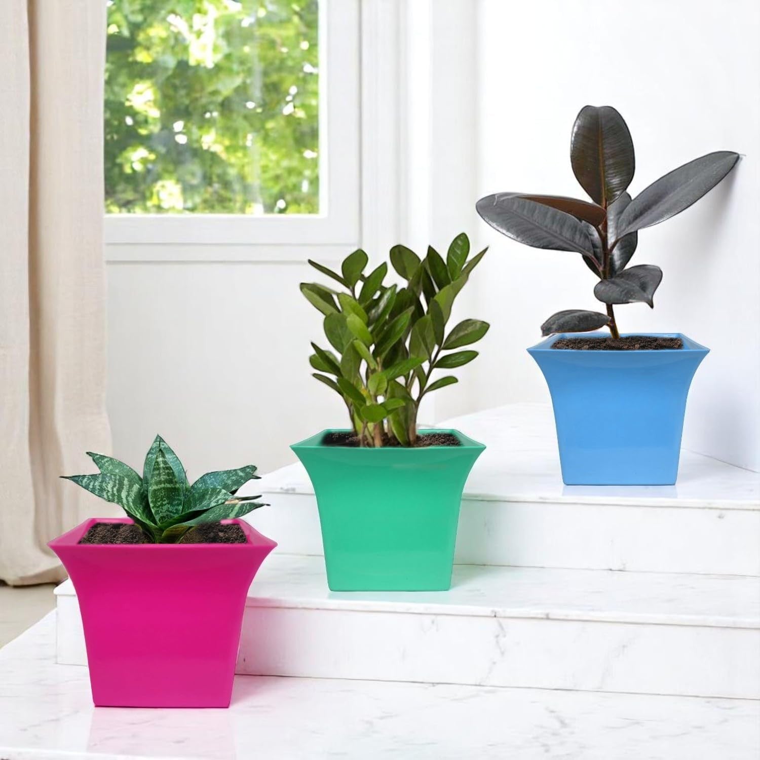 Go Hooked set of 2 multicolor square plastic planter pots with modern design, perfect for indoor/outdoor plants.