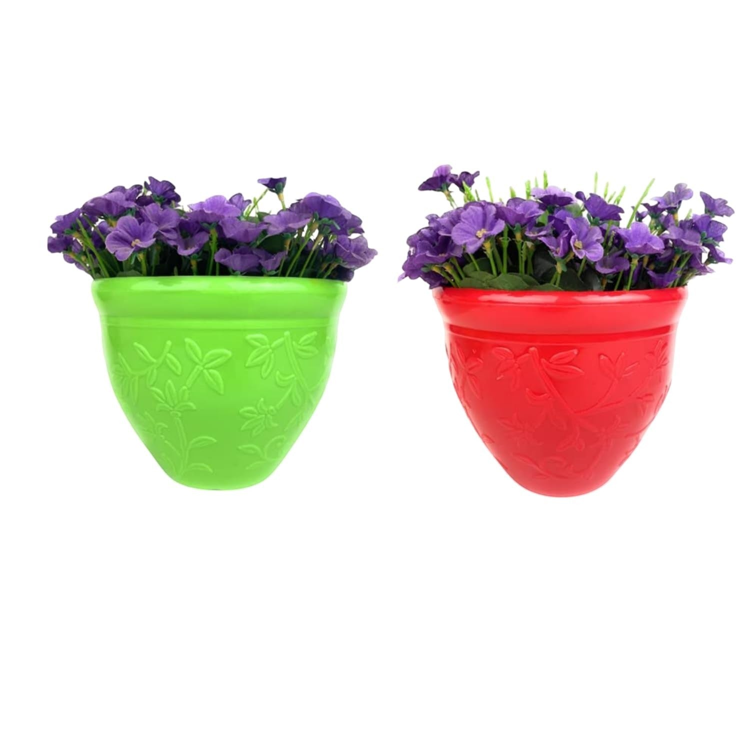 GoHooked set of 2 multicolor plastic planter pots with embossed floral design, 13.7 inch round pots for indoor/outdoor use.