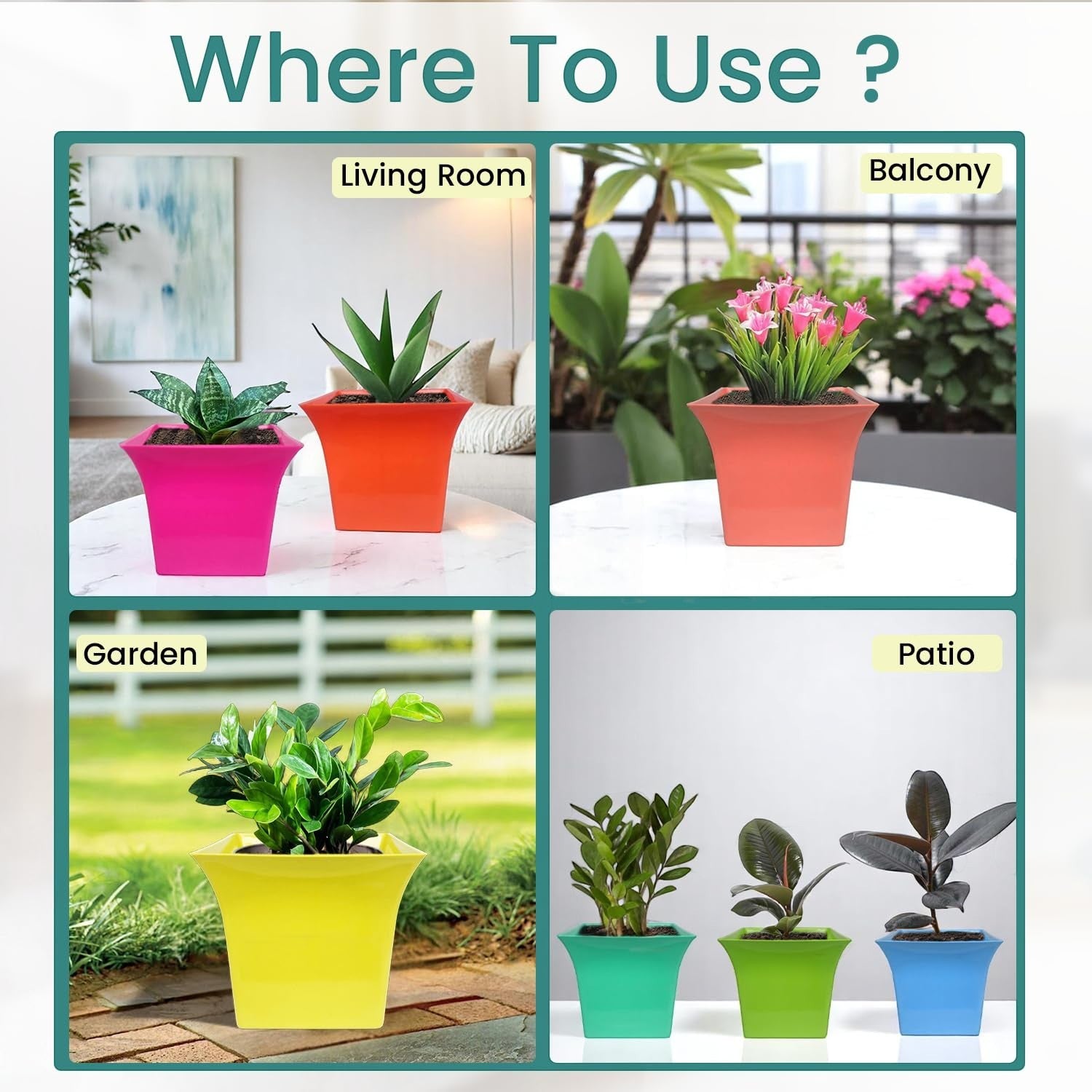 Go Hooked set of 4 multicolor square plastic planter pots, 6.5 inch Uber pots for indoor/outdoor plants.
