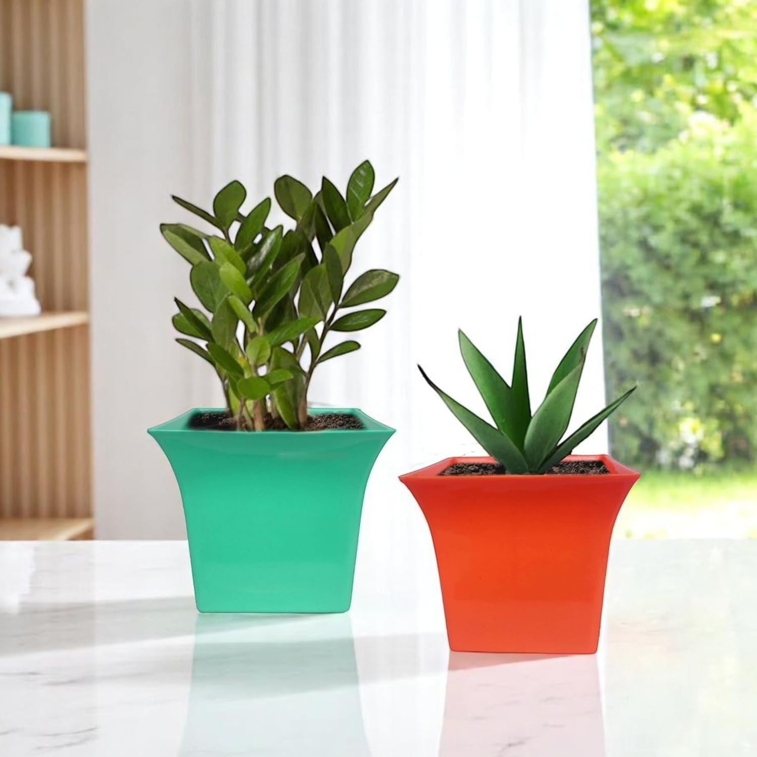 Go Hooked set of 5 multicolor square plastic planter pots, 6.5 inch, modern design for indoor/outdoor plants.