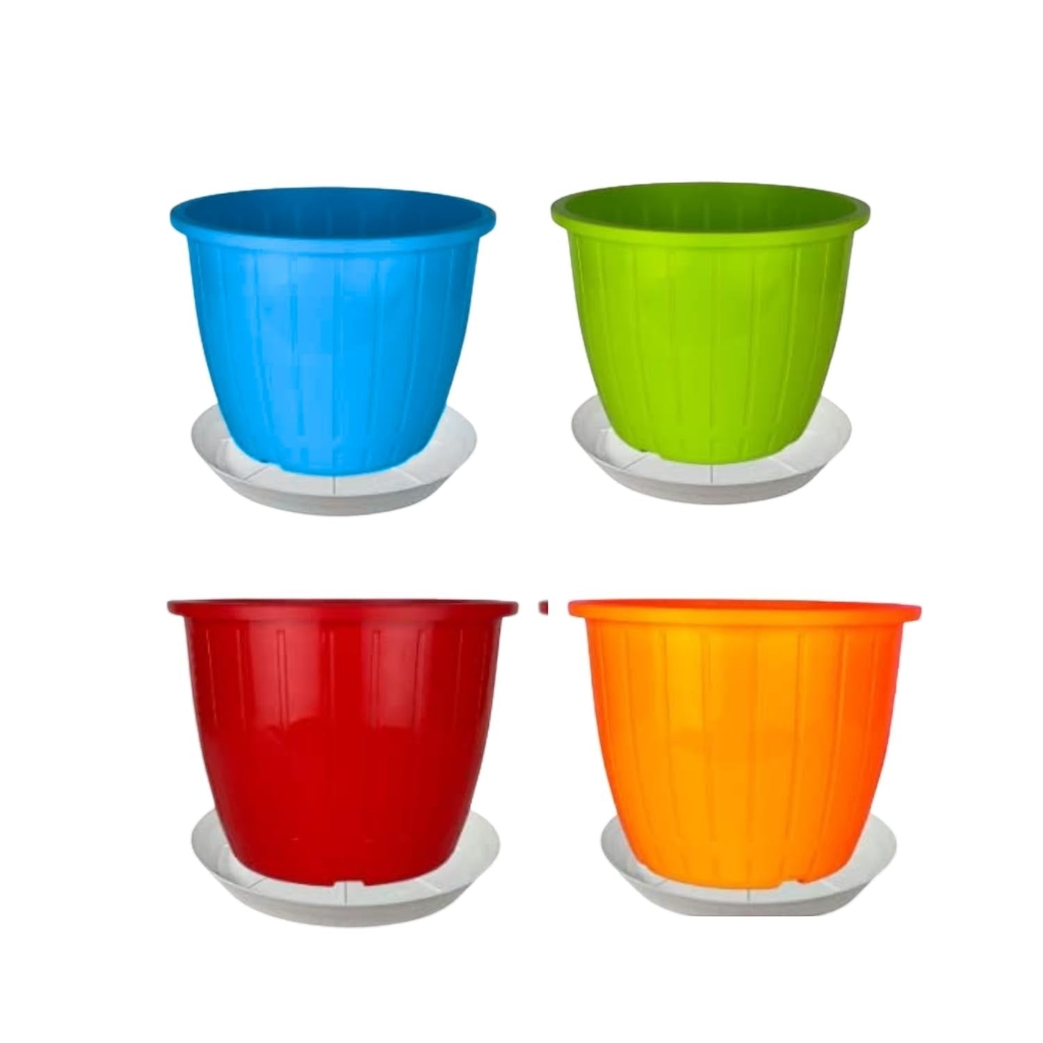 GoHooked set of 4 multicolor plastic planter pots with saucers, 8 inch size, for indoor/outdoor plants.