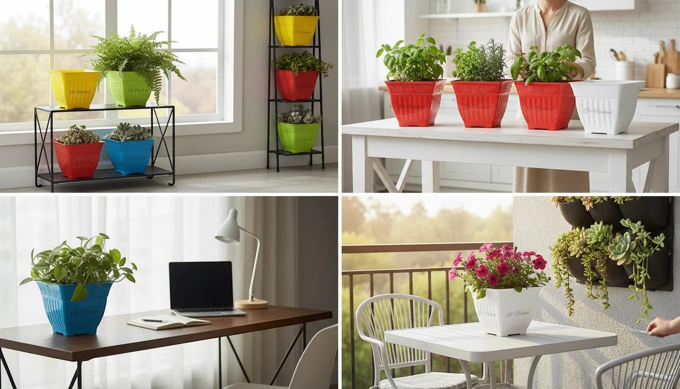 Go Hooked multicolor square plastic planters, 8.75 inch side, 7.5 inch height, durable for indoor/outdoor use.