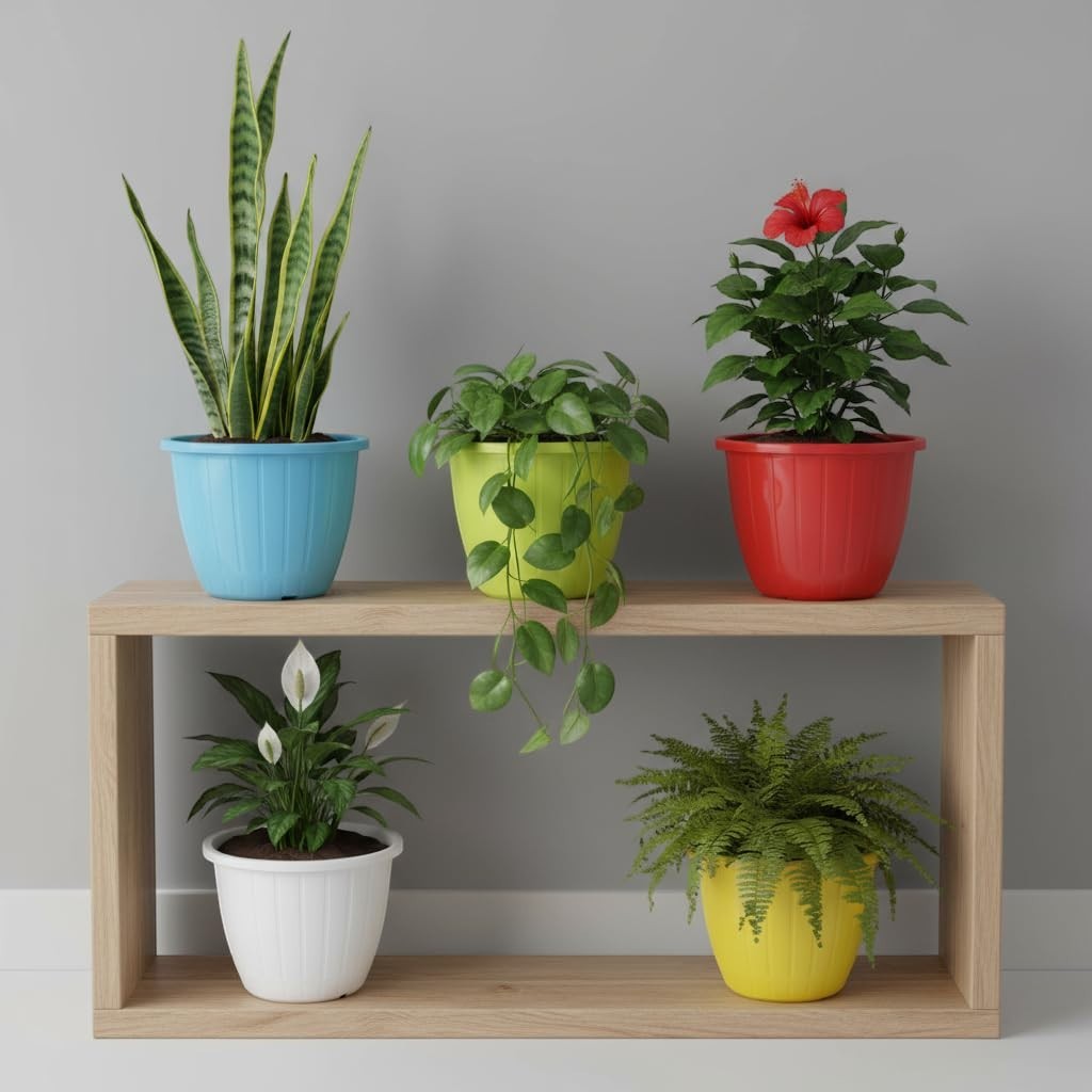 GoHooked pack of 2 multicolor plastic planters with ribbed design. Ideal for indoor/outdoor gardening.