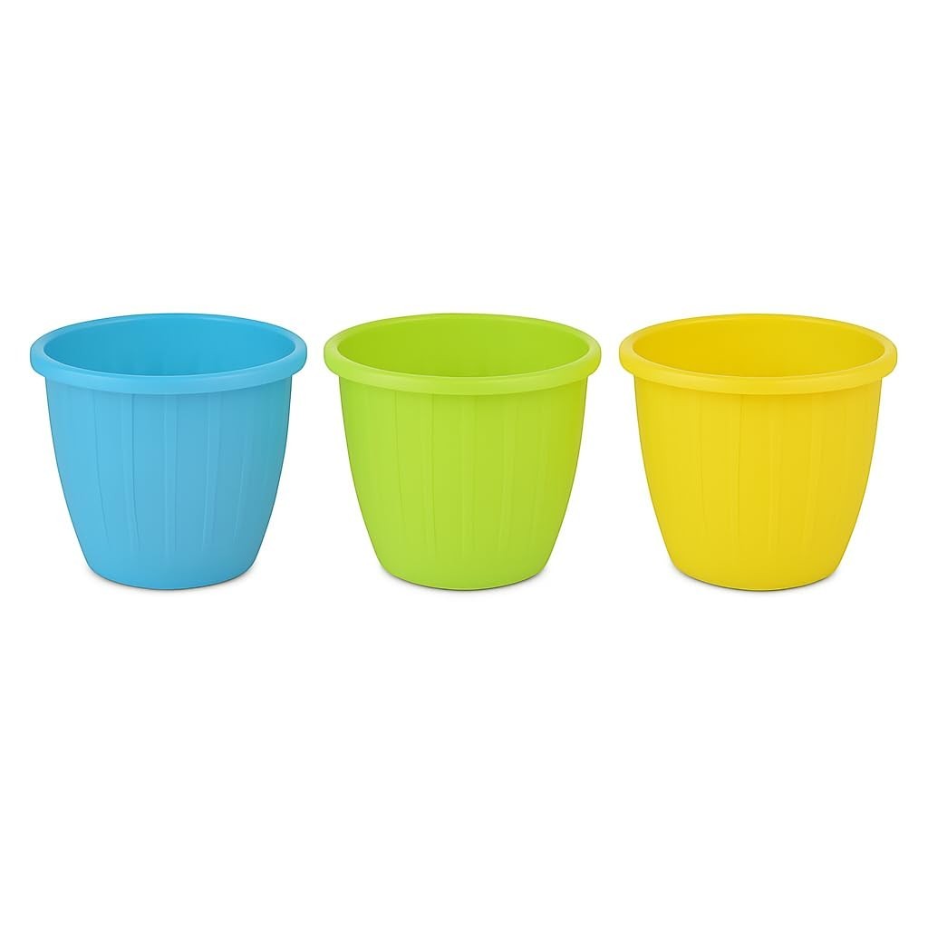GoHooked pack of 3 multicolor plastic planters. Features ribbed texture and flared rim. Ideal for indoor/outdoor gardening.
