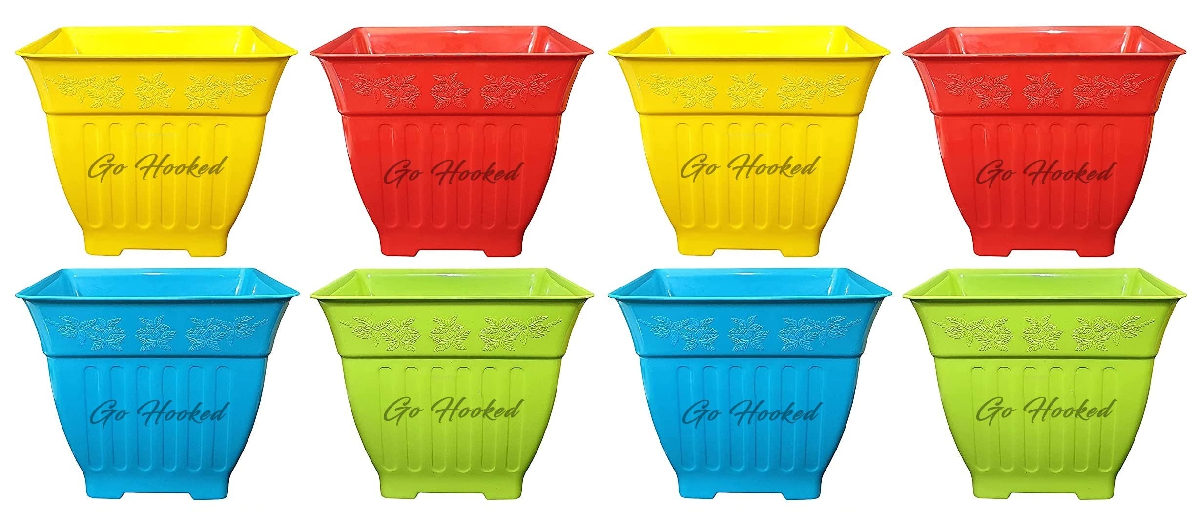 GoHooked multicolor square plastic planters, pack of 4, with embossed floral design and vertical ribbed texture.
