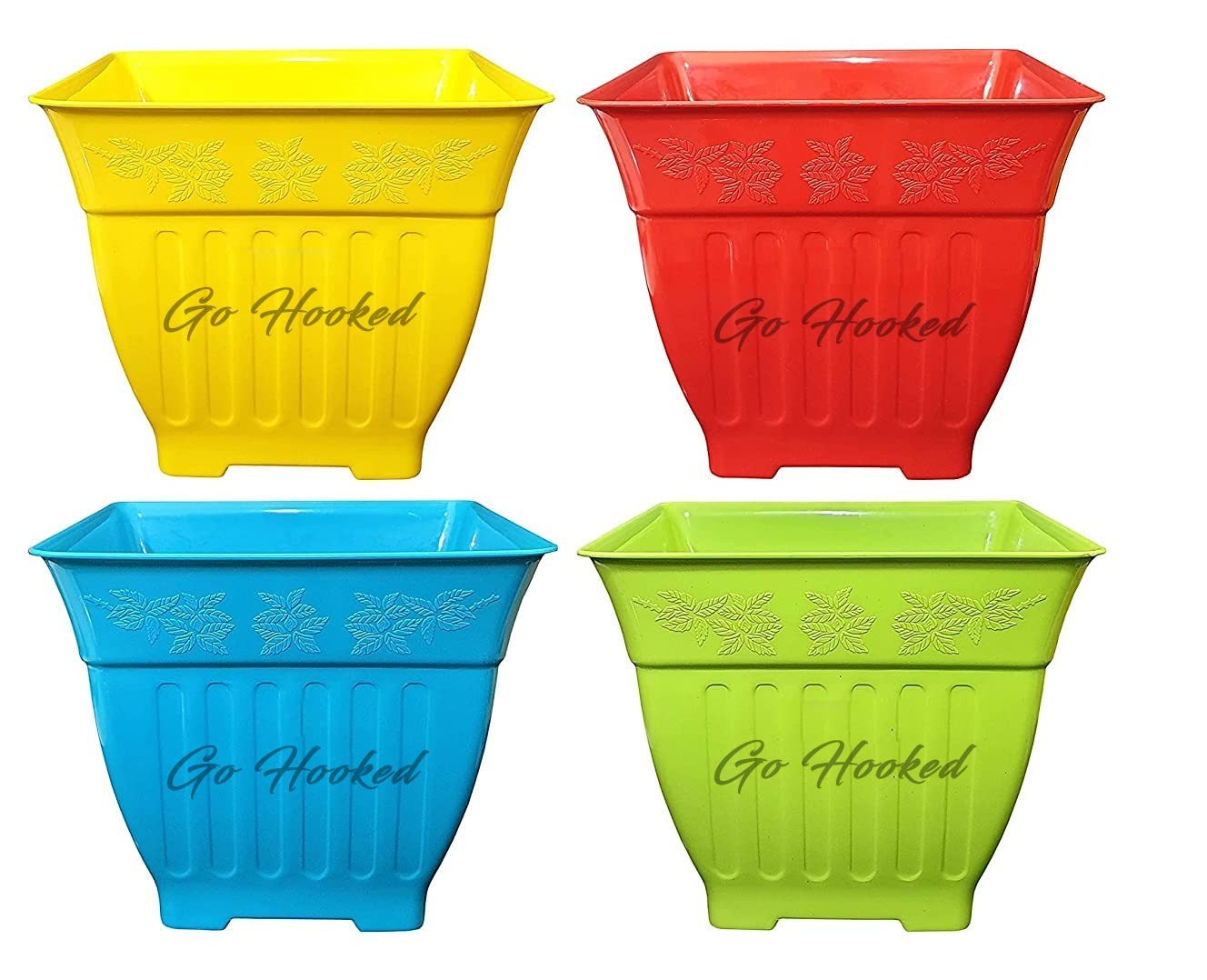 GoHooked set of 4 multicolor square plastic planters with embossed leaf pattern and vertical ridges. Side 8.75 inch, Height 7.5 inch.