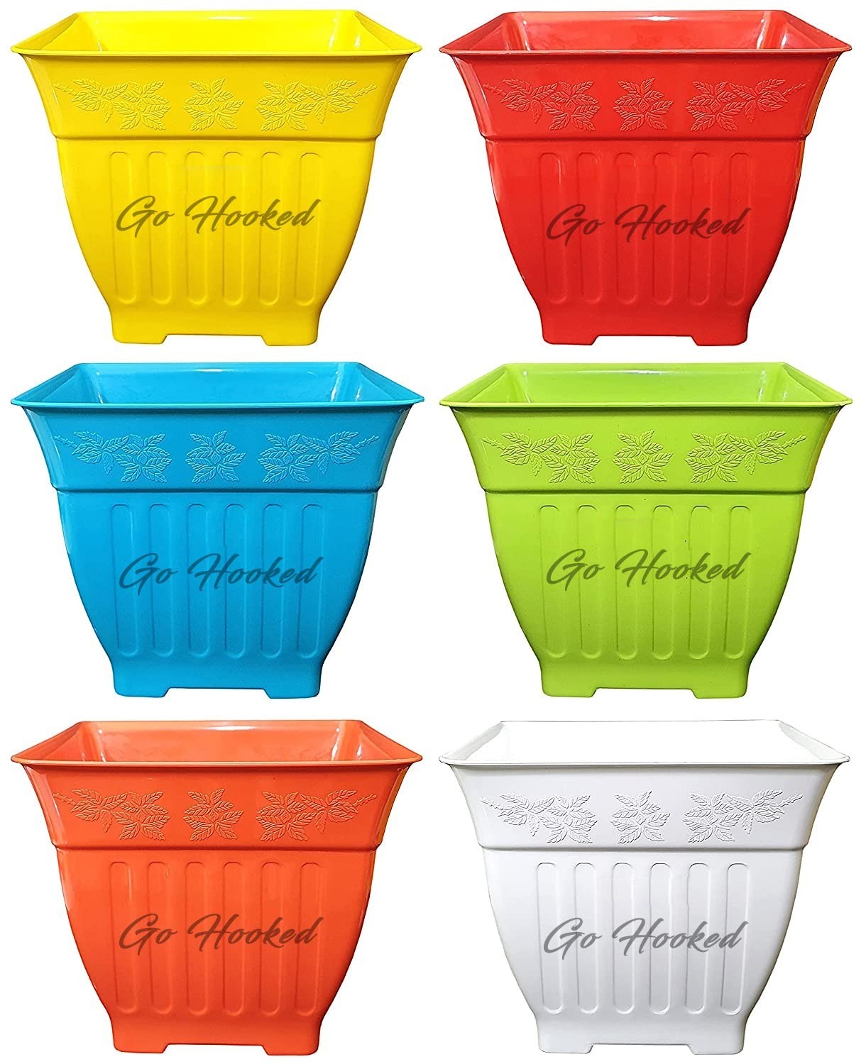 GoHooked multicolor square plastic planters, pack of 6, decorative floral embossed design, 8.75 inch side, 7.5 inch height