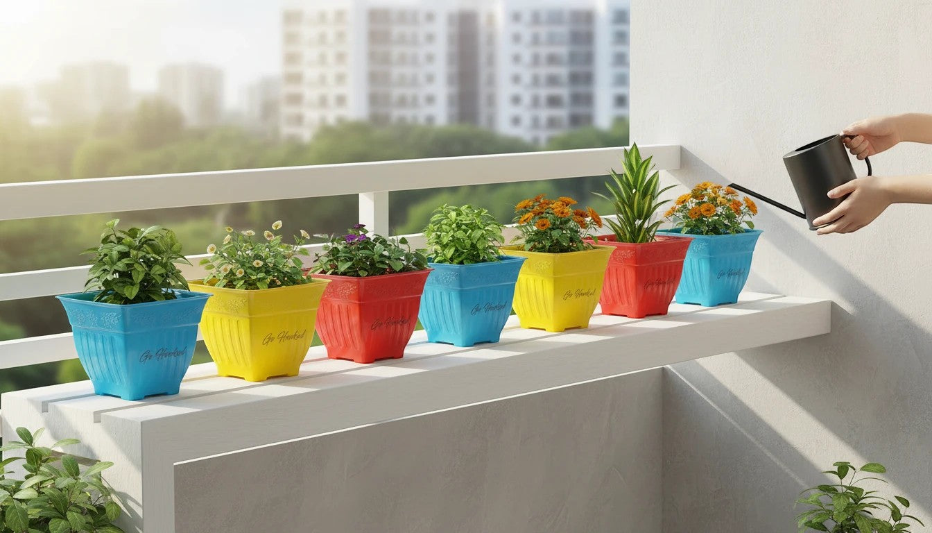 GoHooked multicolor square plastic planters with plants on a balcony railing. Pack of 8.