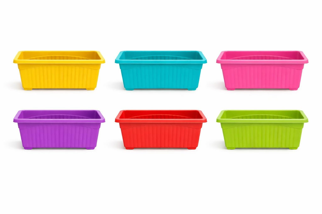 GoHooked set of 3 multicolor rectangular plastic garden planters with fluted sides and raised feet.