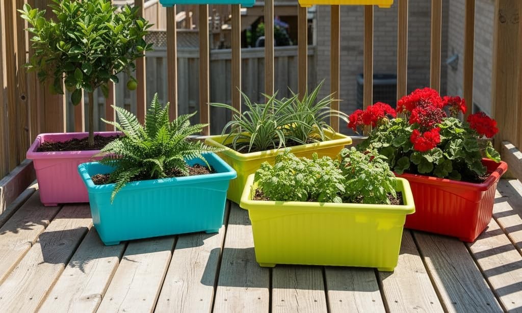GoHooked set of 3 multicolor plastic jasmine garden planters with plants on a wooden deck.