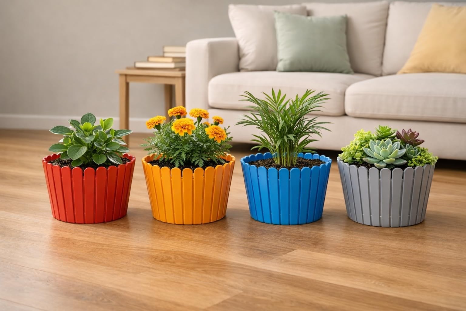 GoHooked set of 3 multicolor plastic garden planters with scalloped edges, suitable for indoor/outdoor use.