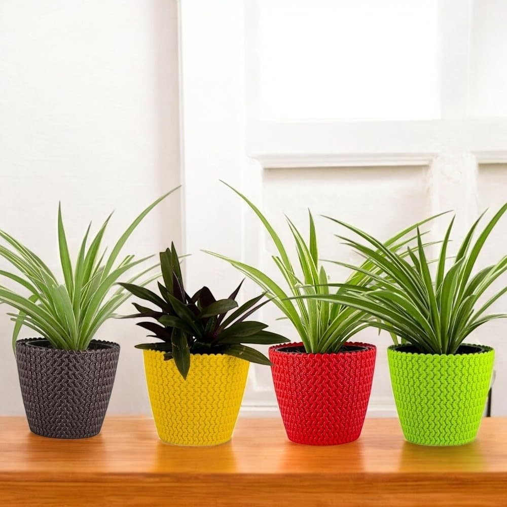 GoHooked set of 3 multicolor plastic planters with a textured knit design, perfect for indoor or outdoor plants.