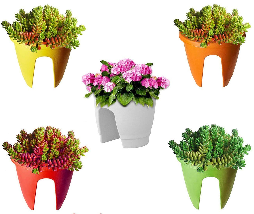 GoHooked set of 5 multicolor plastic railing flower pots with plants. Includes yellow, orange, red, green, and white planters.