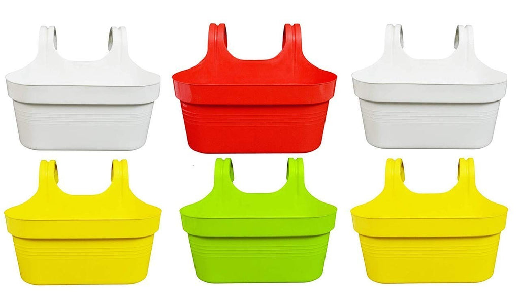 GoHooked Multicolor plastic railing planter pots with double hooks, drainage hole, oval shape. Set of 6.