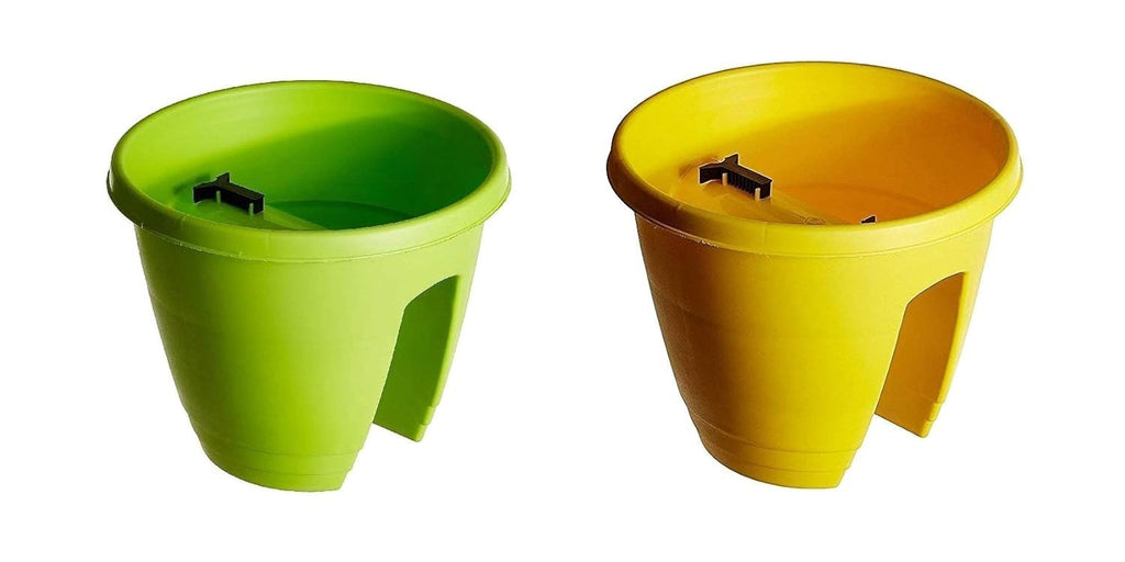Go Hooked set of 2 multicolor 12-inch plastic railing planters with hook design for balconies.