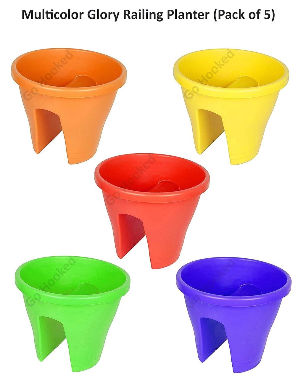 GoHooked multicolor plastic railing planters, set of 5, 12-inch round design for balconies and gardens.