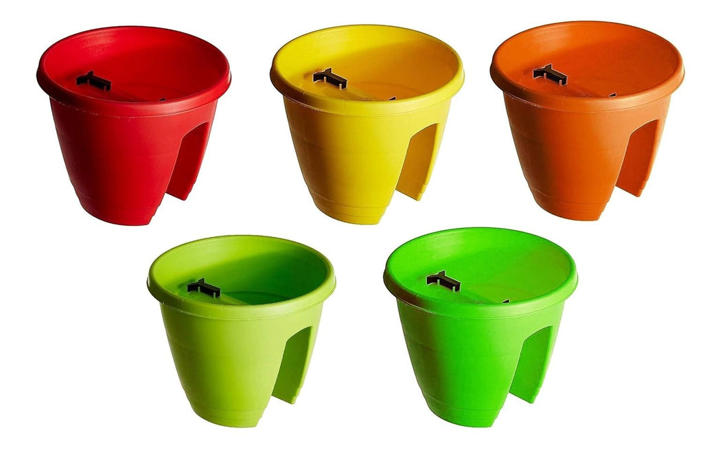 GoHooked set of 5 multicolor 12-inch plastic railing planters. Rust-resistant, ideal for balconies.
