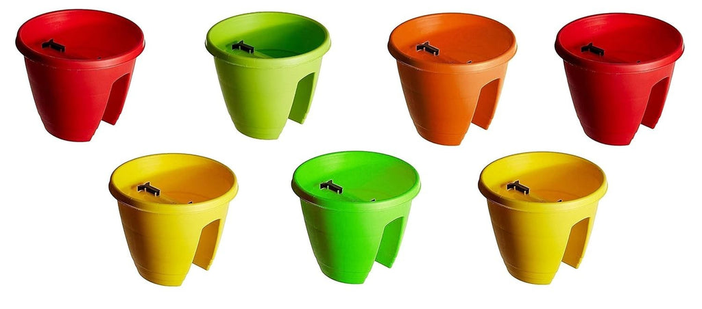GoHooked set of 7 multicolor plastic railing planters, 12-inch, rust-resistant, ideal for balconies.
