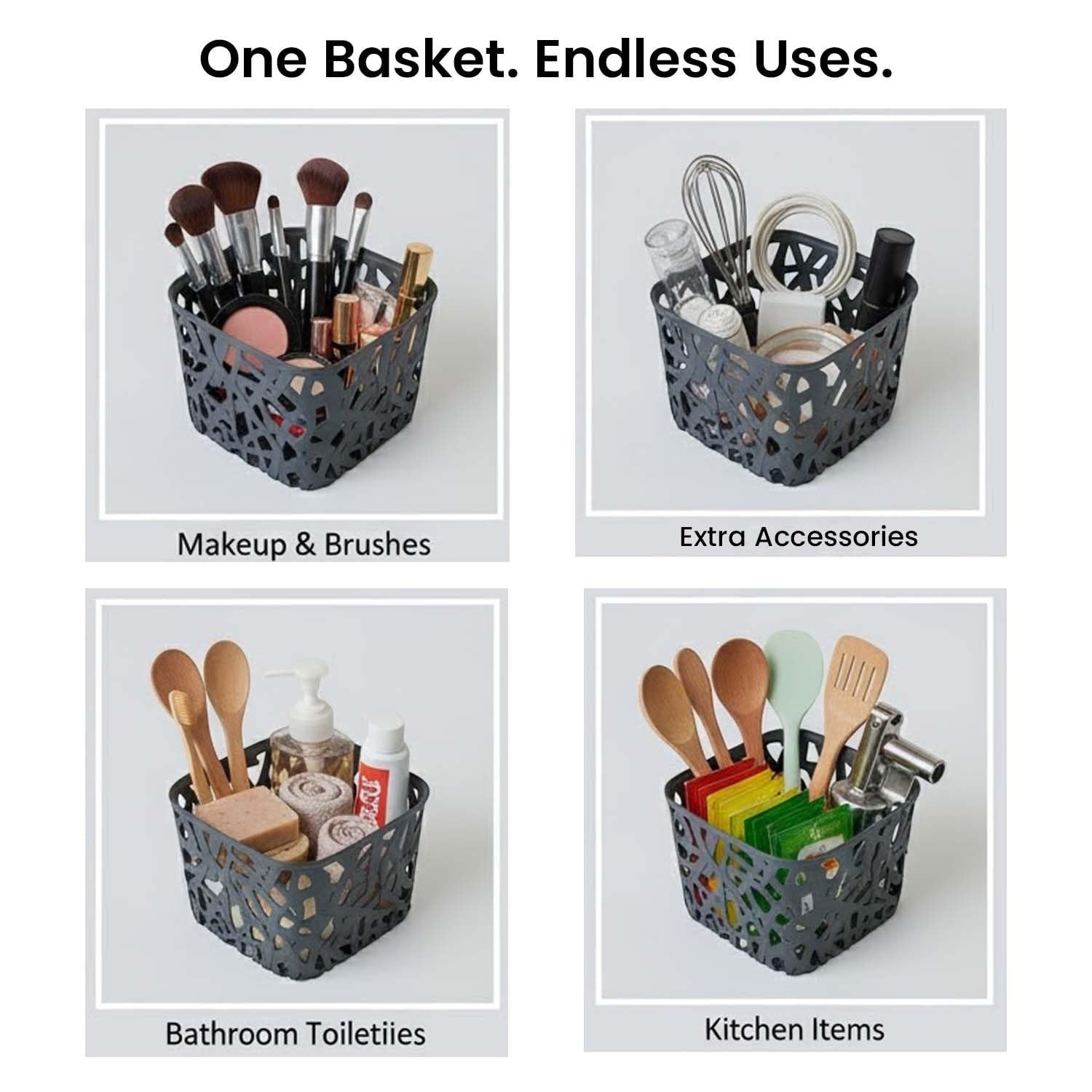 GoHooked multicolor plastic storage basket with decorative cutouts, perfect for makeup, bathroom toiletries, or kitchen items.