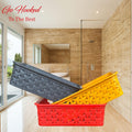 GoHooked multicolor plastic storage baskets with a woven pattern. Set of 3, 10cm H x 18cm W. Ideal for home, office, kitchen, bathroom.