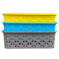 GoHooked set of 3 multicolor plastic storage baskets with woven pattern. 10cm height, 18cm width.