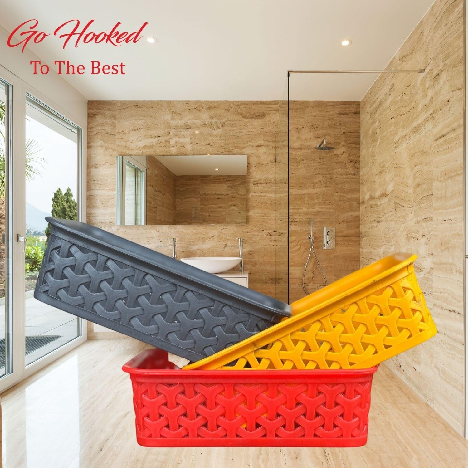 GoHooked multicolor plastic storage baskets with decorative weave pattern, 8cm H x 16cm W, pack of 4