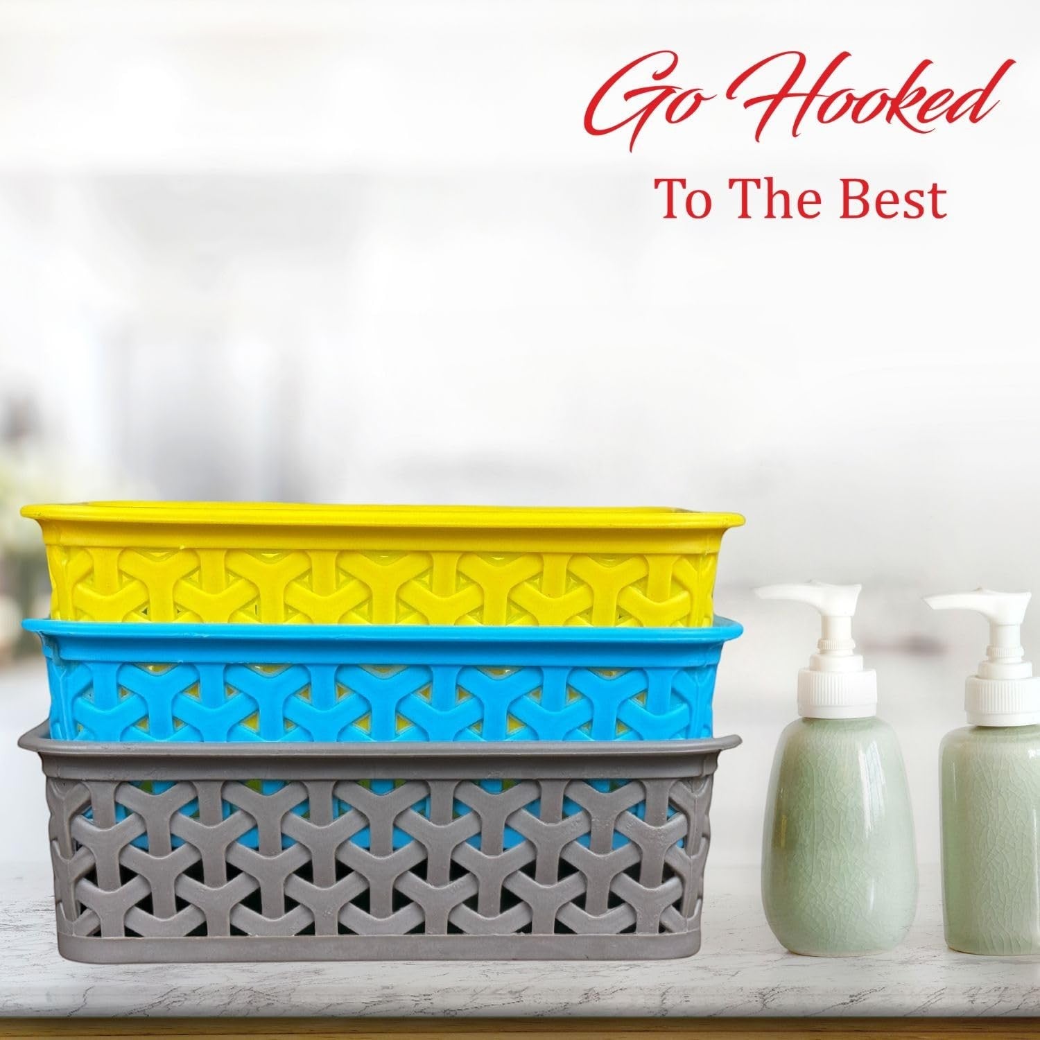 GoHooked multicolor plastic storage baskets, 8cm H x 16cm W, stackable, woven design. Pack of 4.