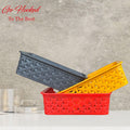 GoHooked multicolor plastic storage baskets with woven pattern, 8cm H x 16cm W, stackable for home, kitchen, office.