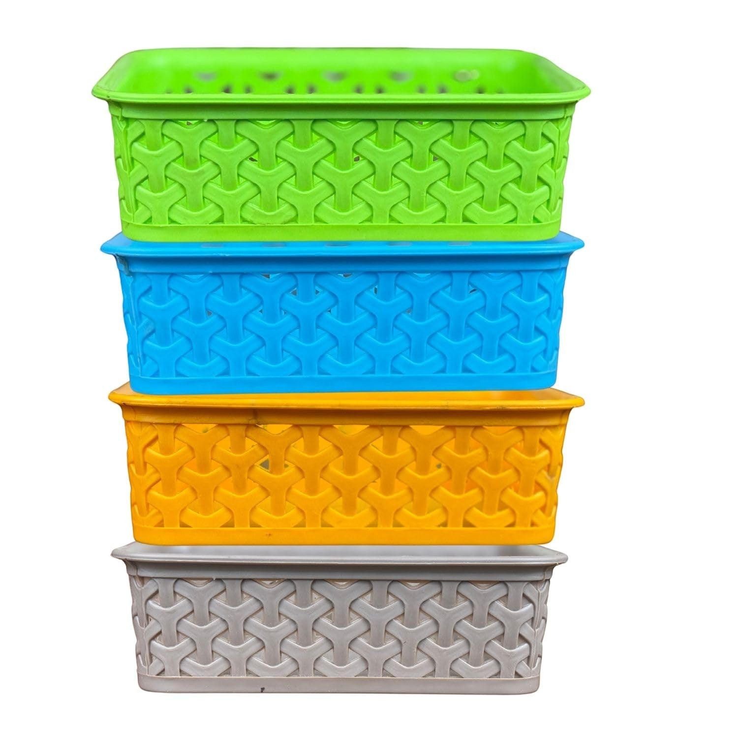 GoHooked multicolor plastic storage baskets, 8cm H x 16cm W, stackable, woven pattern, pack of 4