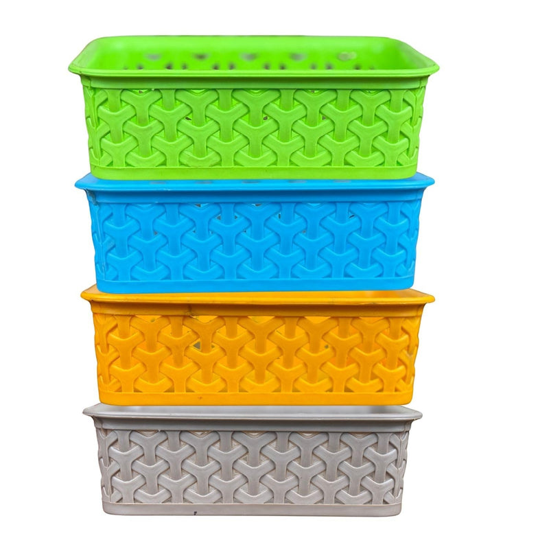 GoHooked multicolor plastic storage baskets, 8cm H x 16cm W, stackable, woven pattern, pack of 4