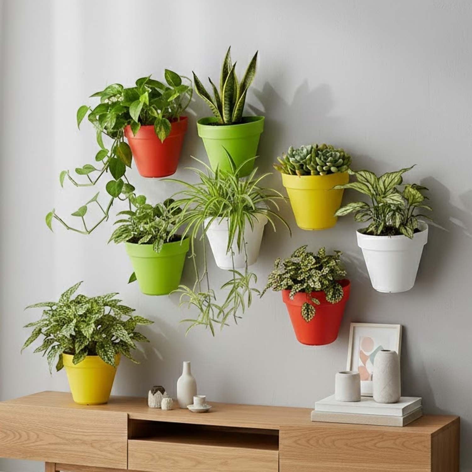 GoHooked multicolor plastic wall planters, pack of 10, for indoor/outdoor vertical garden decor.