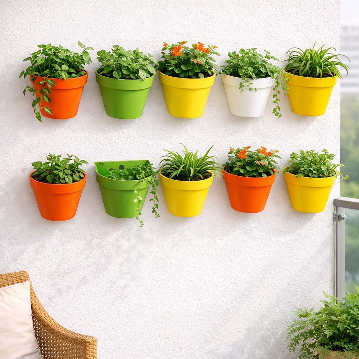 GoHooked multicolor plastic wall-mounted flower pots, pack of 10, for vertical garden decor.