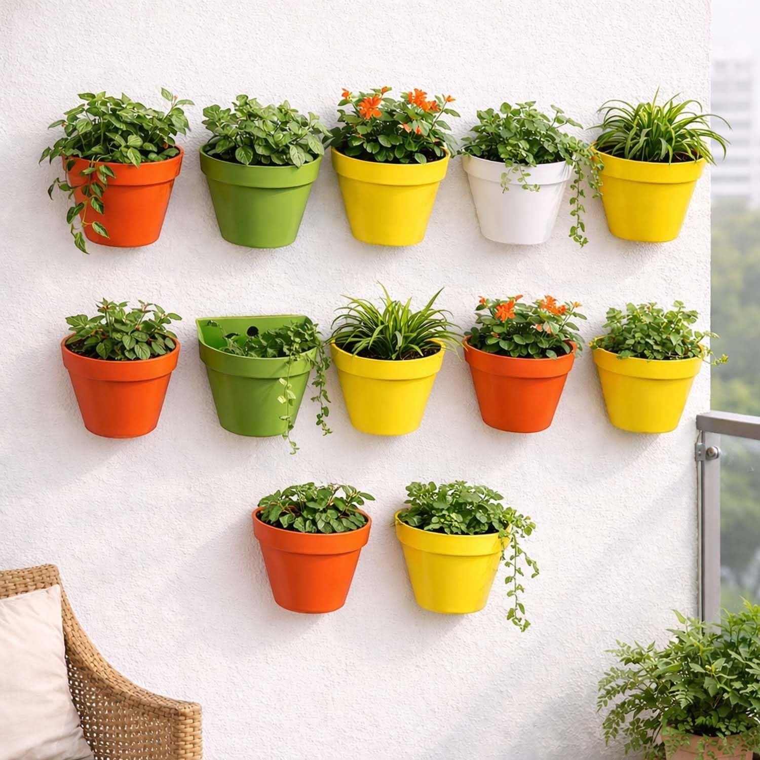 GoHooked multicolor plastic wall-mounted flower pots, pack of 10, for indoor/outdoor vertical garden decor.