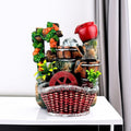 GoHooked multicolor polyresin tabletop waterfall fountain with LED lights and adjustable speed control. Features a red basket base, wooden buckets, and a red pot.