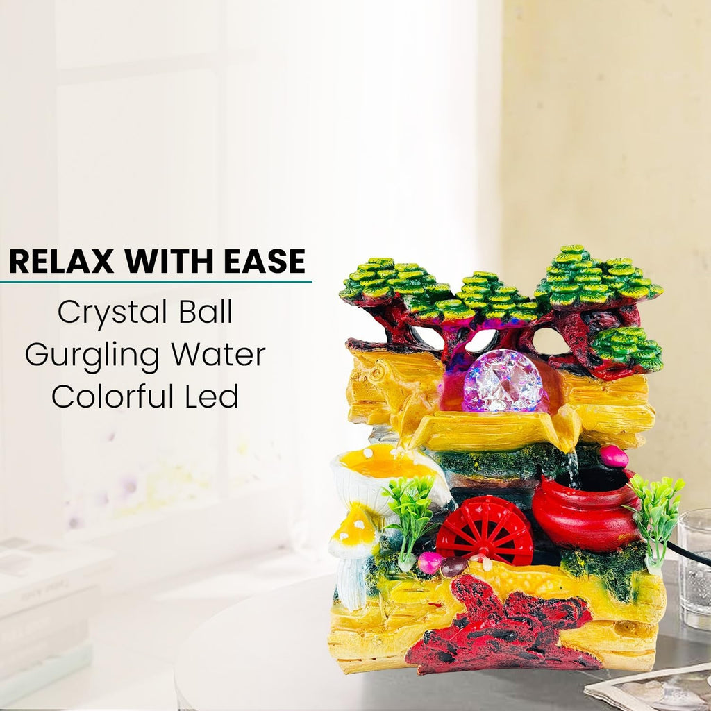 GoHooked multicolor polyresin tabletop waterfall fountain with crystal ball and colorful LED lights, adjustable speed.